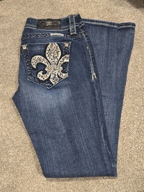 Miss Me Dark Blue Boot-Cut Jeans with Embellished Fleur-de-Lis Pocket